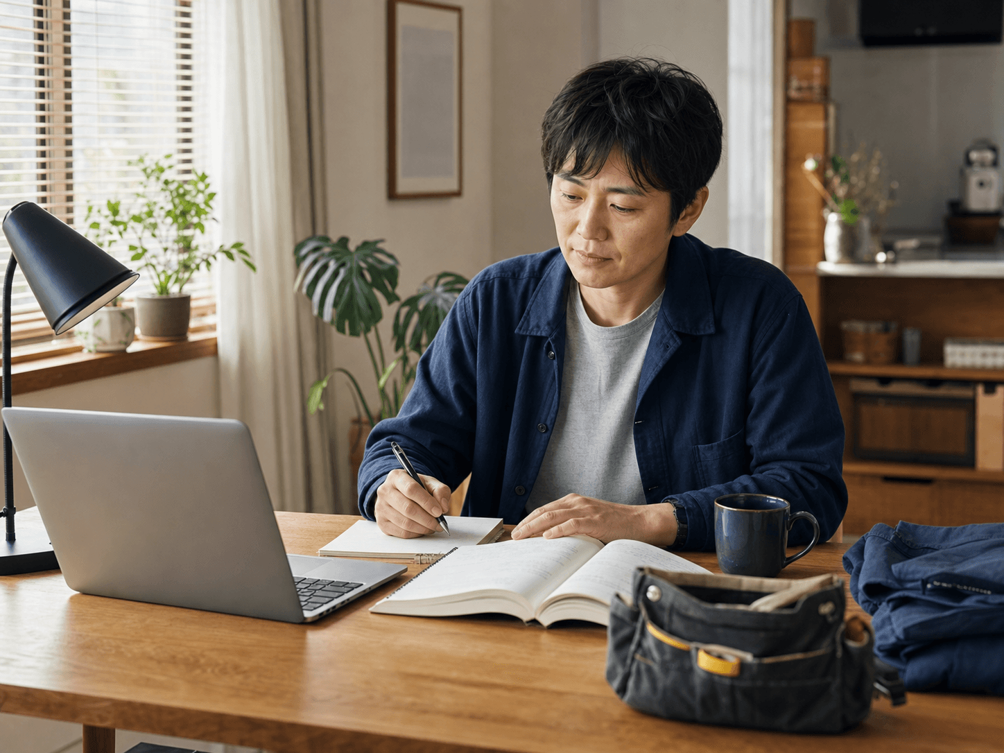 自宅で仕事と資格について調べながら学習計画を立てる30代の人